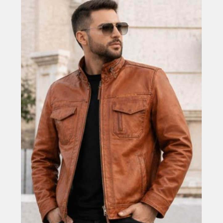 Slim fit tan brown sheepskin leather biker jacket for men