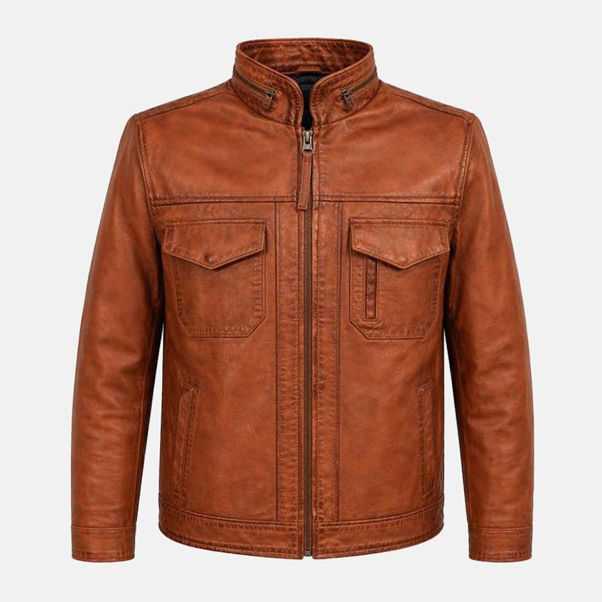 Men’s tan genuine sheepskin leather jacket with vintage finish