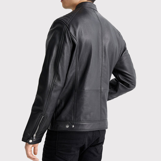 Mens Top Stitched Black Biker Jacket - Black Leather Jacket