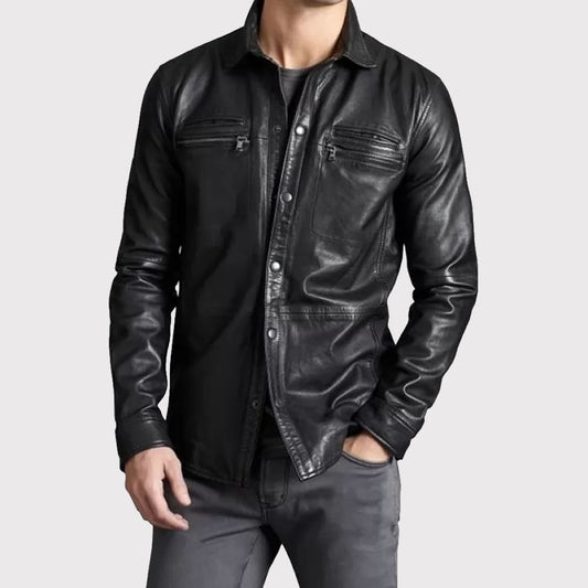 Stylish Black Sheepskin Leather Shirt for Men