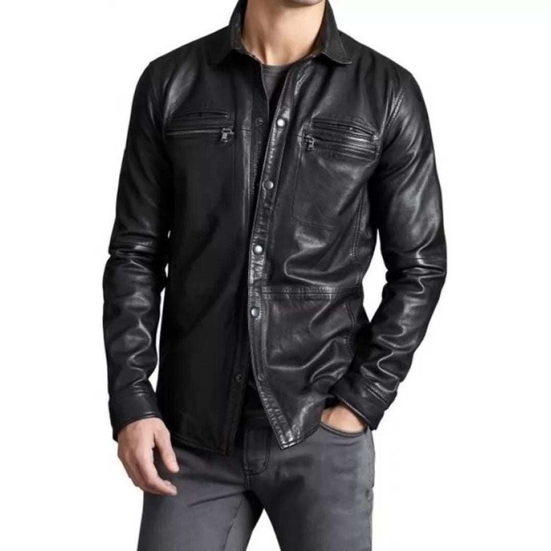 Men's Trendsetting Real Sheepskin Black Leather Shirt