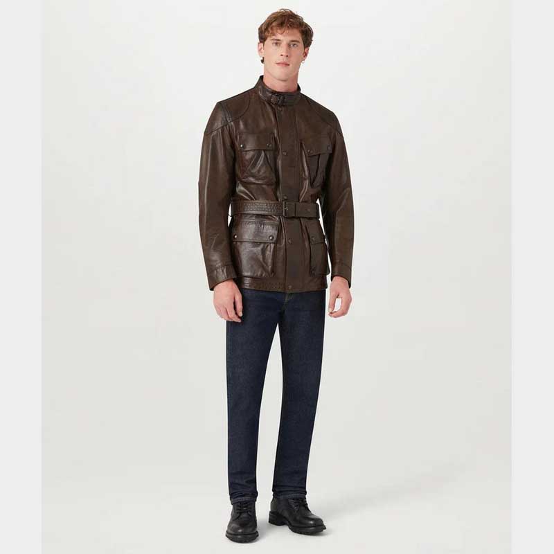 Handmade cowhide motorcycle racing jacket featuring Trialmaster design and comfortable lined interior