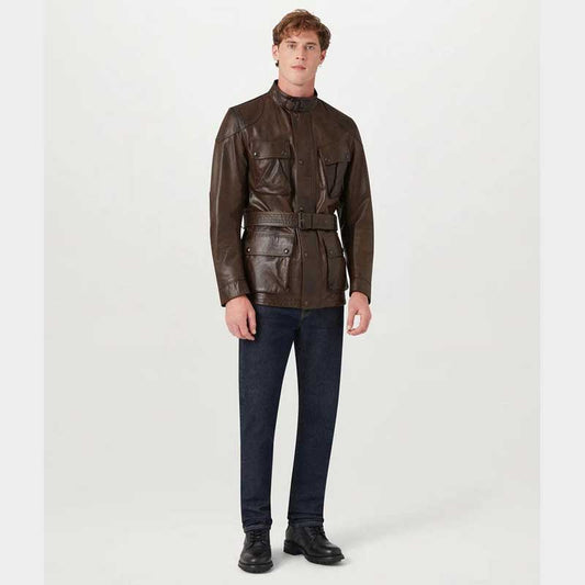 Handmade cowhide motorcycle racing jacket featuring Trialmaster design and comfortable lined interior