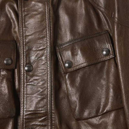 Premium genuine leather biker coat with durable zippers and reinforced stitching for riders
