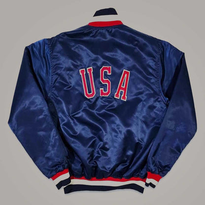 Men's Vintage 80s Navy Blue Satin Bomber Jacket - Jackets Kingdom