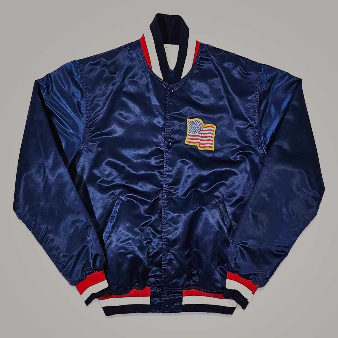 Men's Vintage 80s Navy Blue Satin Bomber Jacket - Jackets Kingdom