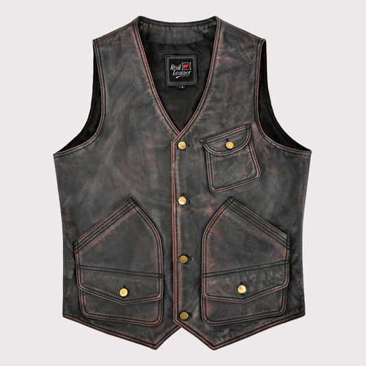 Men's Vintage Black Red Leather Vest - Rock Hunter Style!