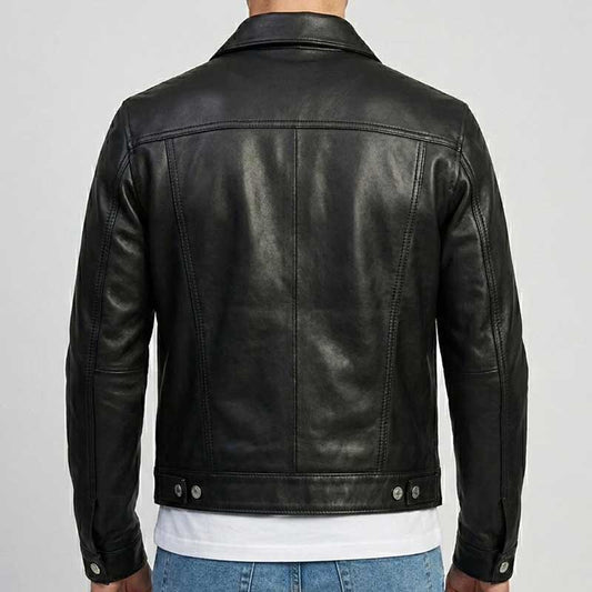 100% genuine lambskin trucker jacket featuring soft leather and professional tailoring