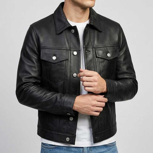 Men's vintage black sheepskin leather trucker jacket with button front and jeans style design