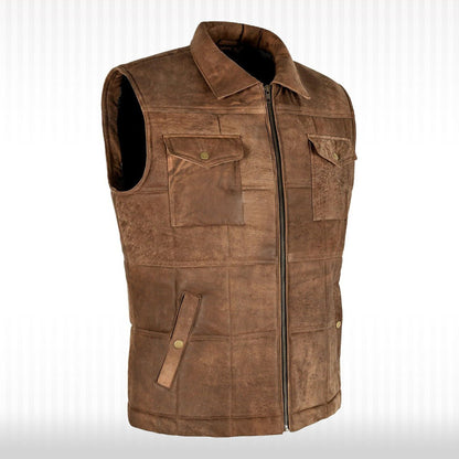 Men's Vintage Brown Leather Bodywarmer Vest - Quilted Puffer Waistcoat