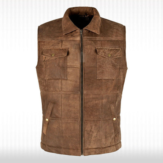 Men's Vintage Brown Leather Bodywarmer Vest - Quilted Puffer Waistcoat