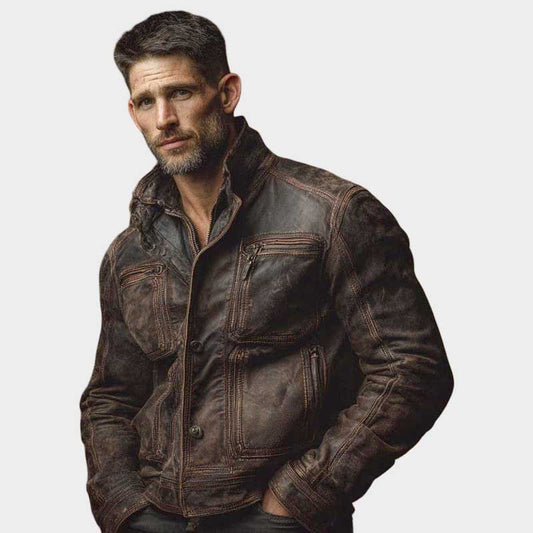 Men's vintage distressed brown leather jacket with rugged motorcycle style and natural weathered texture