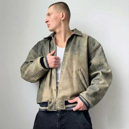 Men's grunge Y2K bomber in olive green leather with fold-down collar and slanted pockets