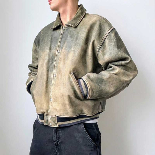 Men's vintage distressed olive green leather bomber jacket with boxy fit and grunge Y2K style