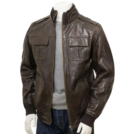 Men's Vintage Lambskin Leather Bomber Jacket with Knit Collar