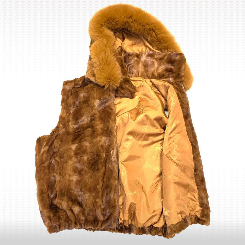 Men's Whisky Mink Diamond Cut Fox Fur Hooded Vest