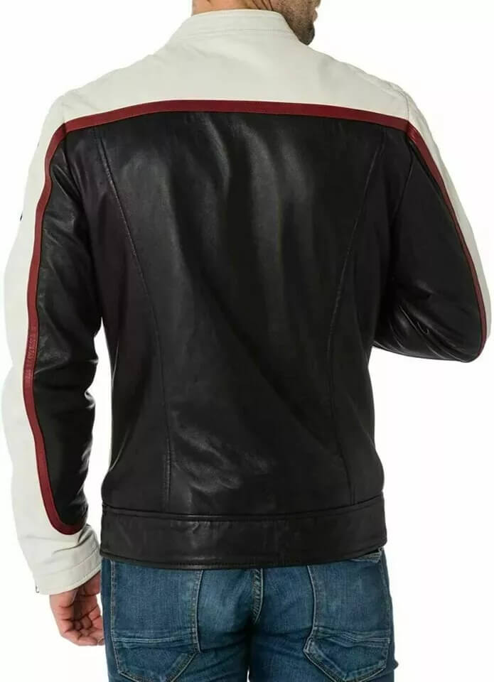 Men's White & Black Lambskin Biker Jacket