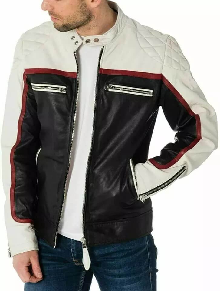 Men's White & Black Lambskin Biker Jacket