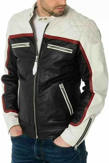 Men's White & Black Lambskin Biker Jacket