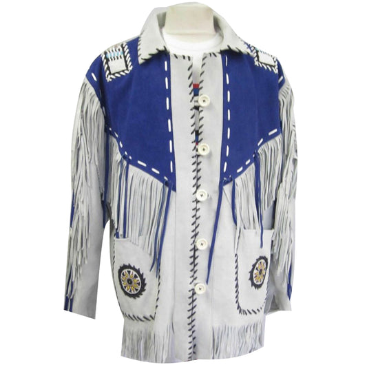 Men's White and Blue Suede Leather Cowboy Coat with Fringed and Beaded Jacket