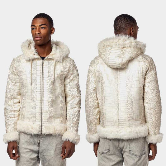 Men's white crocodile texture hooded leather jacket with luxury fur trim on hood and cuffs
