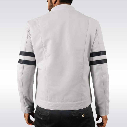 Back view of a light gray jacket with black accents on sleeves
