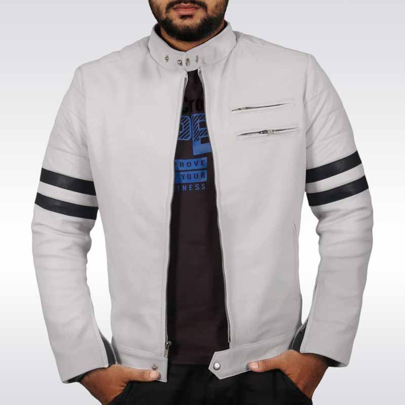 Men's White Leather Biker Jacket with Black Stripes