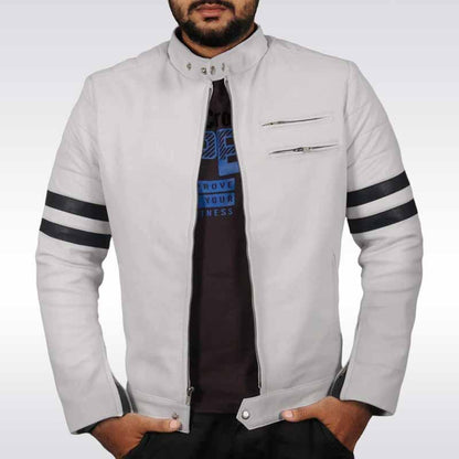 Men's White Leather Biker Jacket with Black Stripes