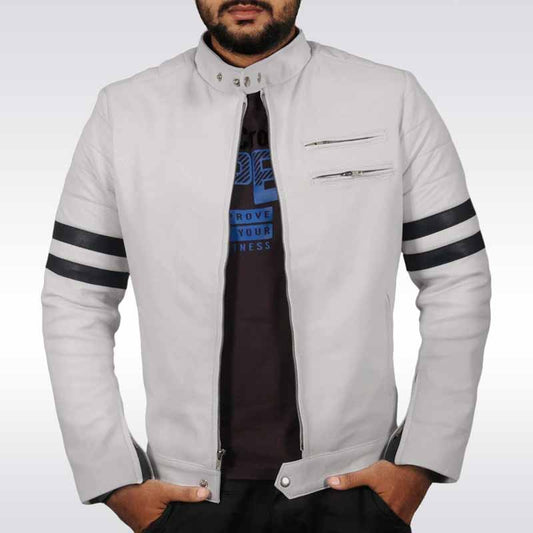 Men's White Leather Biker Jacket with Black Stripes