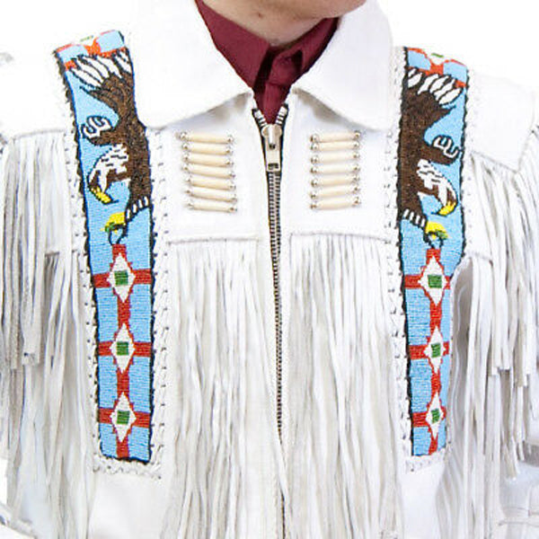 Men's White Suede Leather Jacket with Fringed Cowboy and Eagle Beaded Design