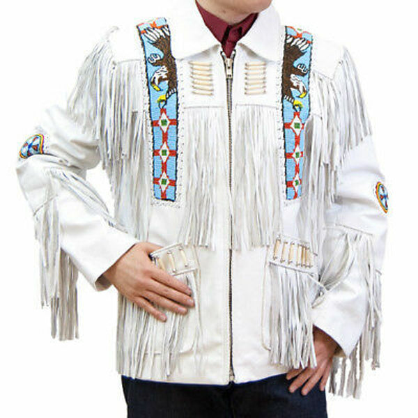 Men's White Suede Leather Jacket with Fringed Cowboy and Eagle Beaded Design