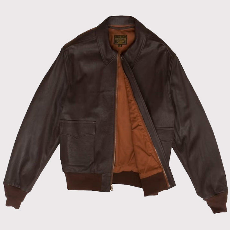 Men's Wing Collar Genuine Leather Bomber Jacket