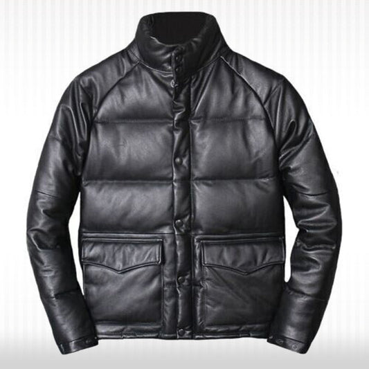 Men's Winter Warm Puffer Leather Jacket - Real Lambskin