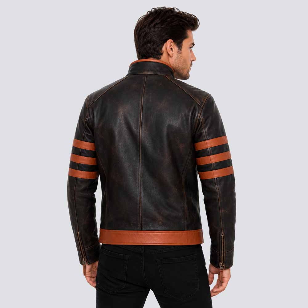 Men's Brown Genuine Leather Wolverine Jacket with Distressed Vintage Style