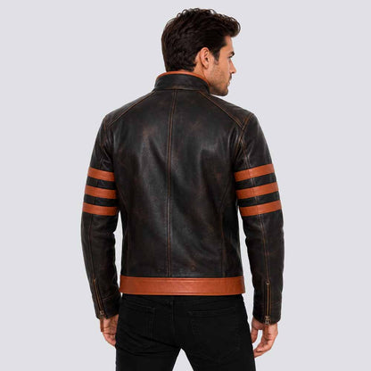 Men's Brown Genuine Leather Wolverine Jacket with Distressed Vintage Style