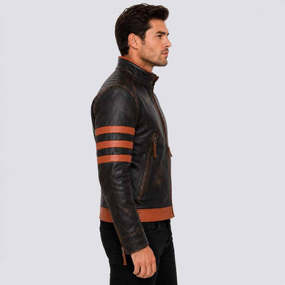 Men's Brown Genuine Leather Wolverine Jacket with Distressed Vintage Style