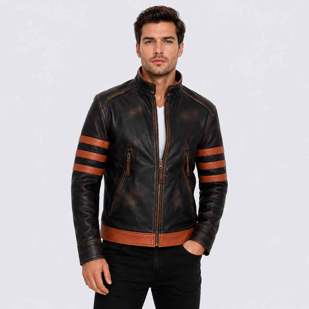 Men's Brown Genuine Leather Wolverine Jacket with Distressed Vintage Style