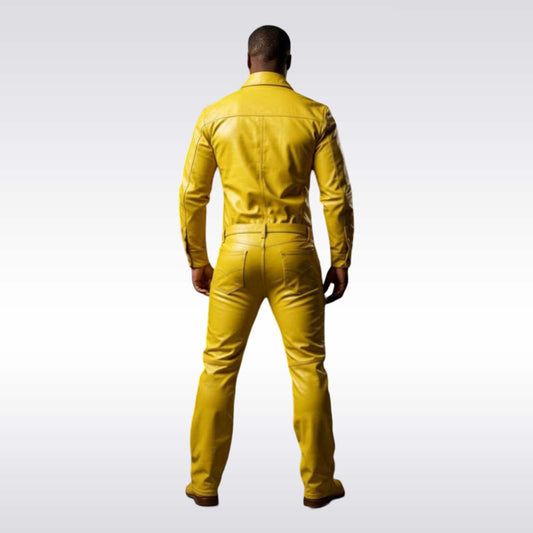 Men’s Yellow Leather Shirt and Pants Two-Piece Streetwear Set