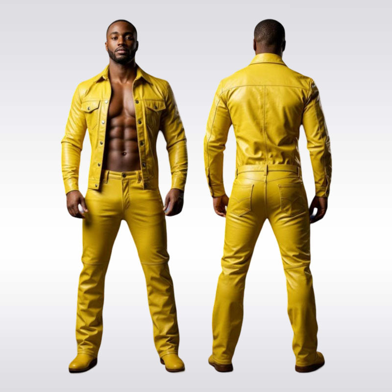 Men’s Yellow Leather Shirt and Pants Two-Piece Streetwear Set