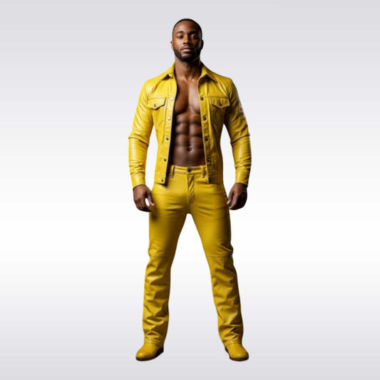 Men’s Yellow Leather Shirt and Pants Two-Piece Streetwear Set