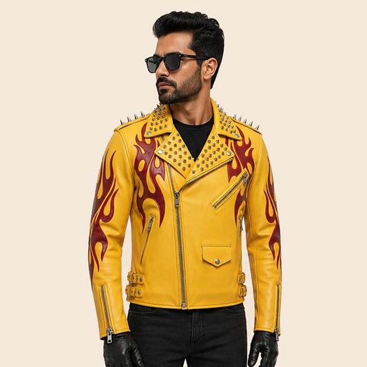 mens yellow studded flame leather motorcycle jacket front view