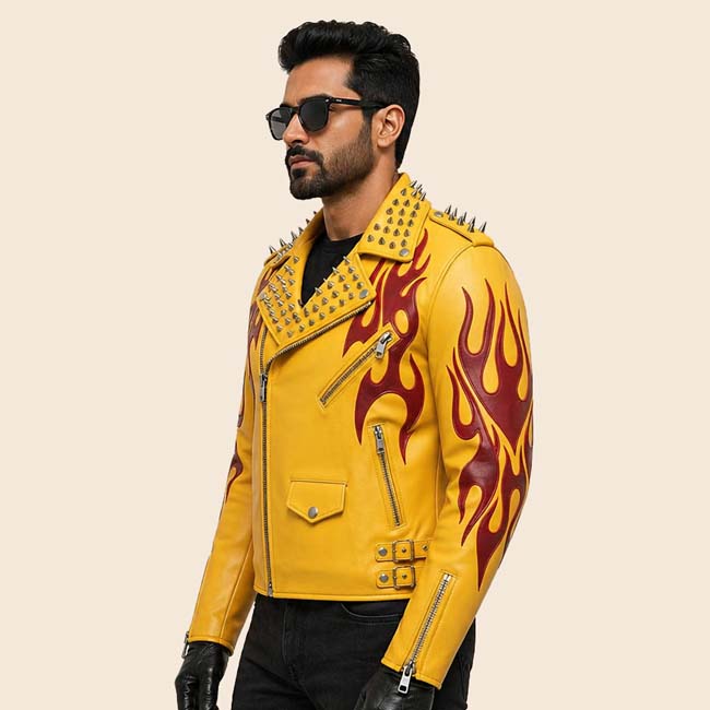 handmade mens flame design leather motorcycle jacket