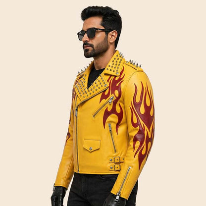 handmade mens flame design leather motorcycle jacket