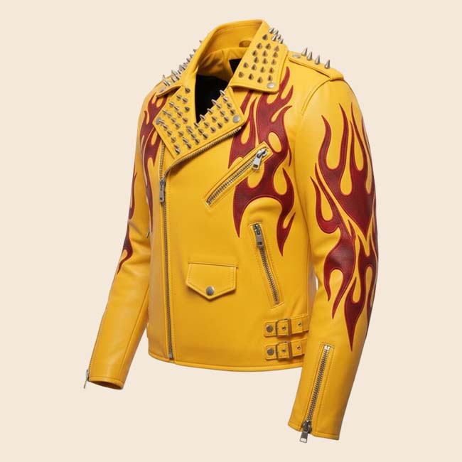 premium yellow flame leather jacket for riders