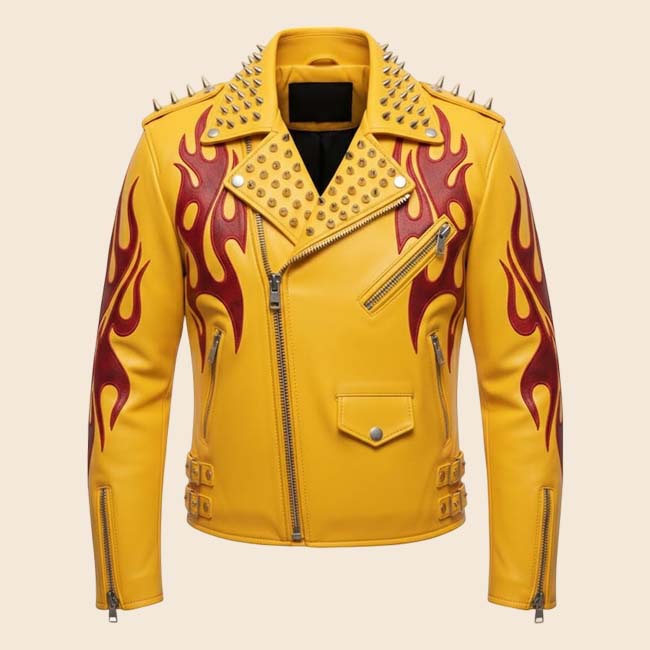 yellow studded biker leather jacket street style look