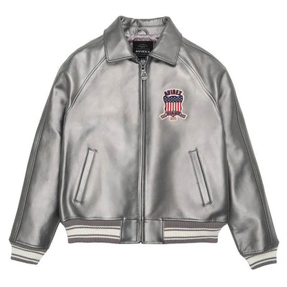 New Metallic Silver Letterman Bomber Avirex Jacket for Men