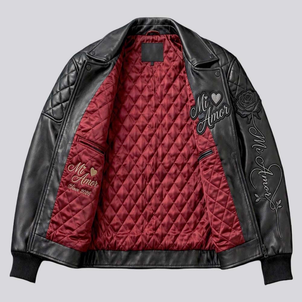 Mi Amor embroidered leather jacket with red quilted inner lining