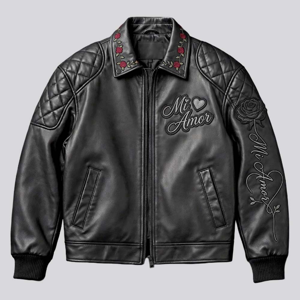Mi Amor black genuine leather jacket with floral embroidery and Mandarin collar
