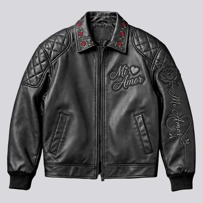 Mi Amor black genuine leather jacket with floral embroidery and Mandarin collar