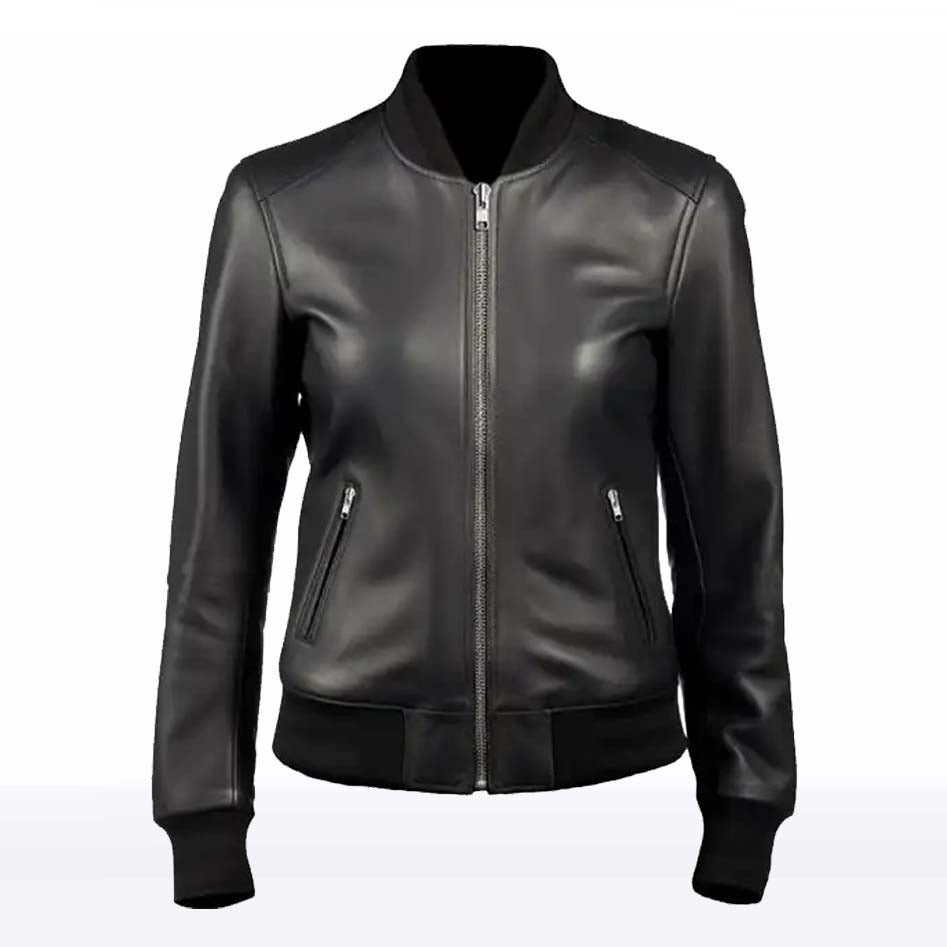 Mila Black Leather Bomber Jacket for Women